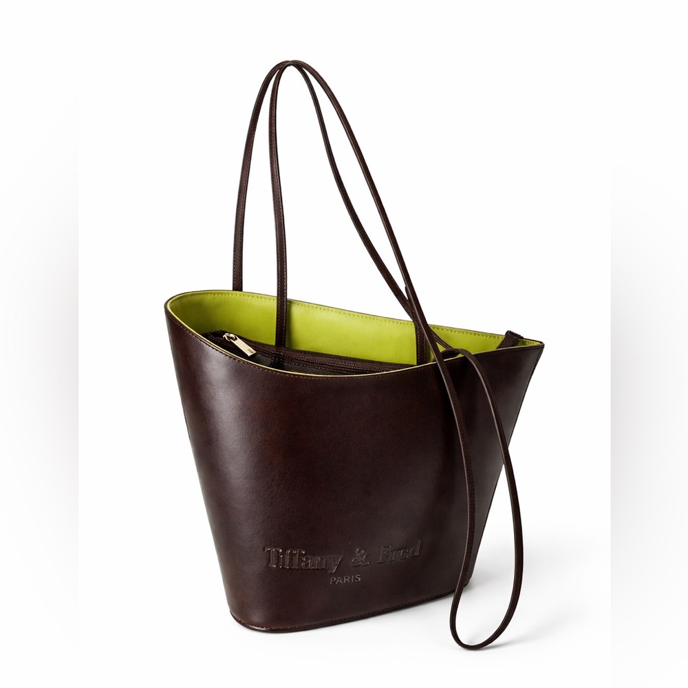 Tiffany & Fred Paris Dark Brown Leather Tote Bag Green Interior